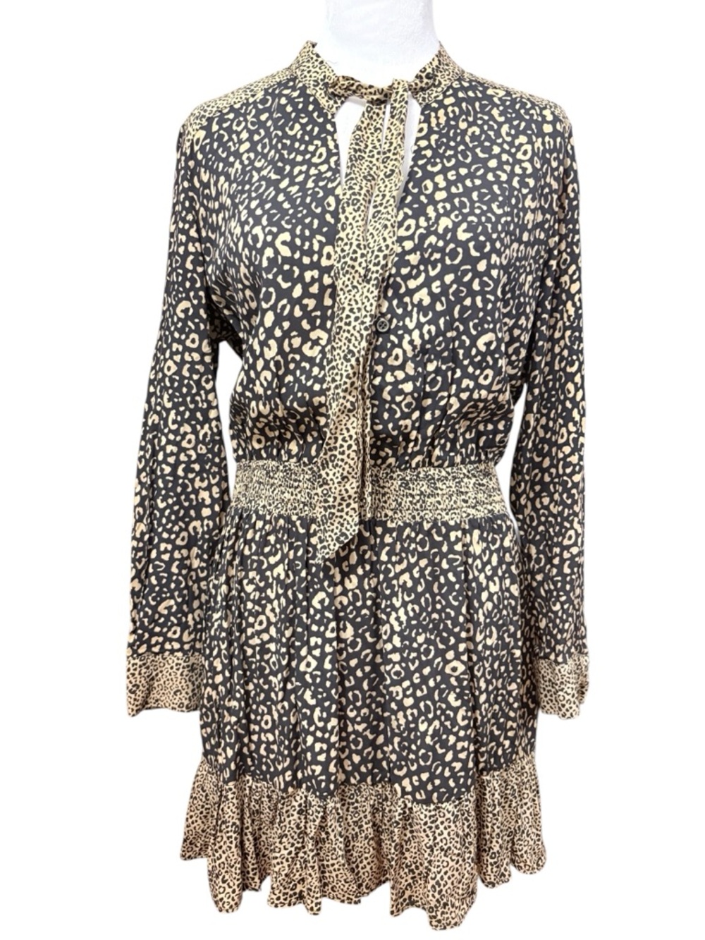 Zara Brown Leopard-Print Tie-Neck Mini Dress Sz Large - Picture 6 of 11